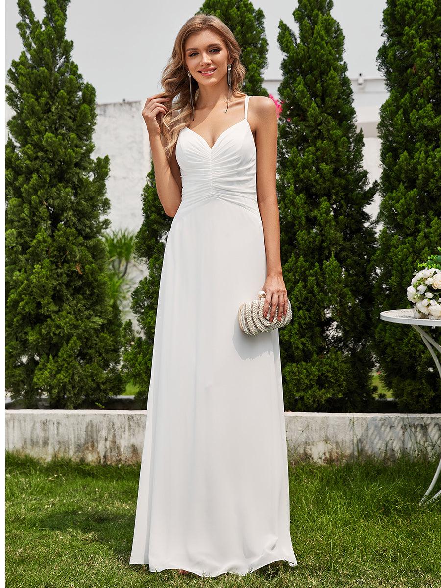 Robe de demoiselle d'honneur plissée chic à bretelles réglables et col en V #Couleur_Blanc