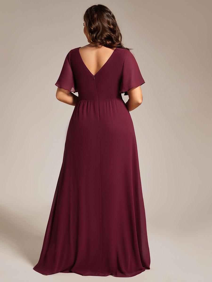 Robe de demoiselle d'honneur taille haute en mousseline de soie col en V fente haute manches à volants #Couleur_Bordeaux