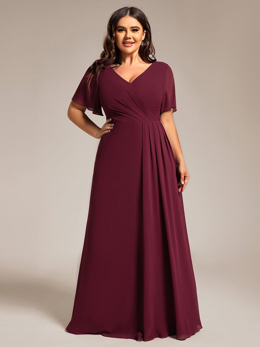 Robe de demoiselle d'honneur taille haute en mousseline de soie col en V fente haute manches à volants #Couleur_Bordeaux