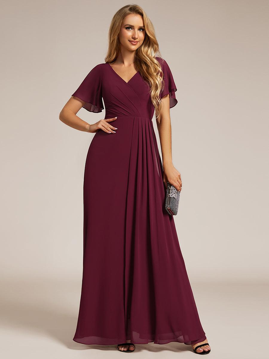 Robe de demoiselle d'honneur taille haute en mousseline de soie col en V fente haute manches à volants #Couleur_Bordeaux