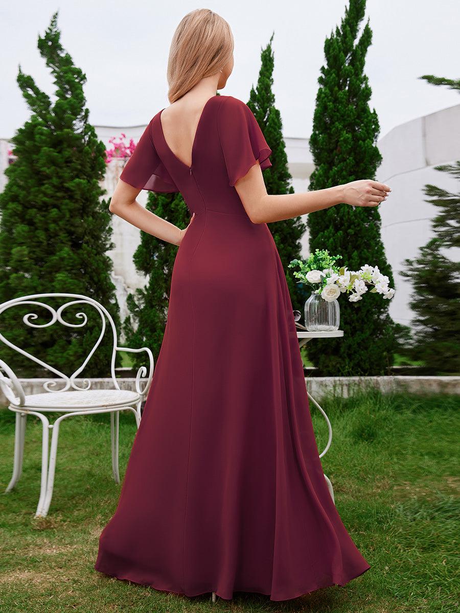 Robe de demoiselle d'honneur trapèze en mousseline à manches volantées avec plis à col en V #Couleur_Bordeaux