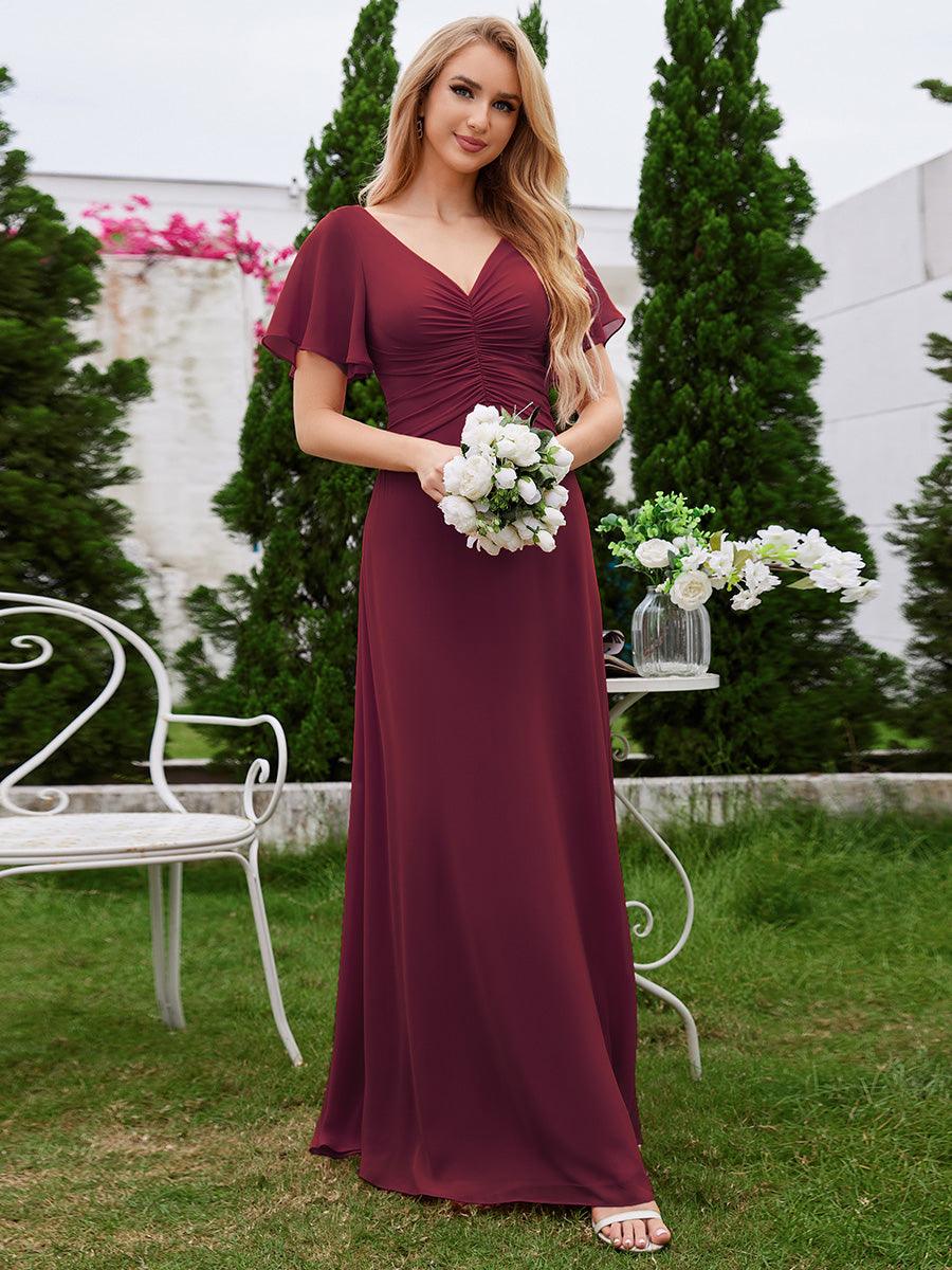 Robe de demoiselle d'honneur trapèze en mousseline à manches volantées avec plis à col en V #Couleur_Bordeaux