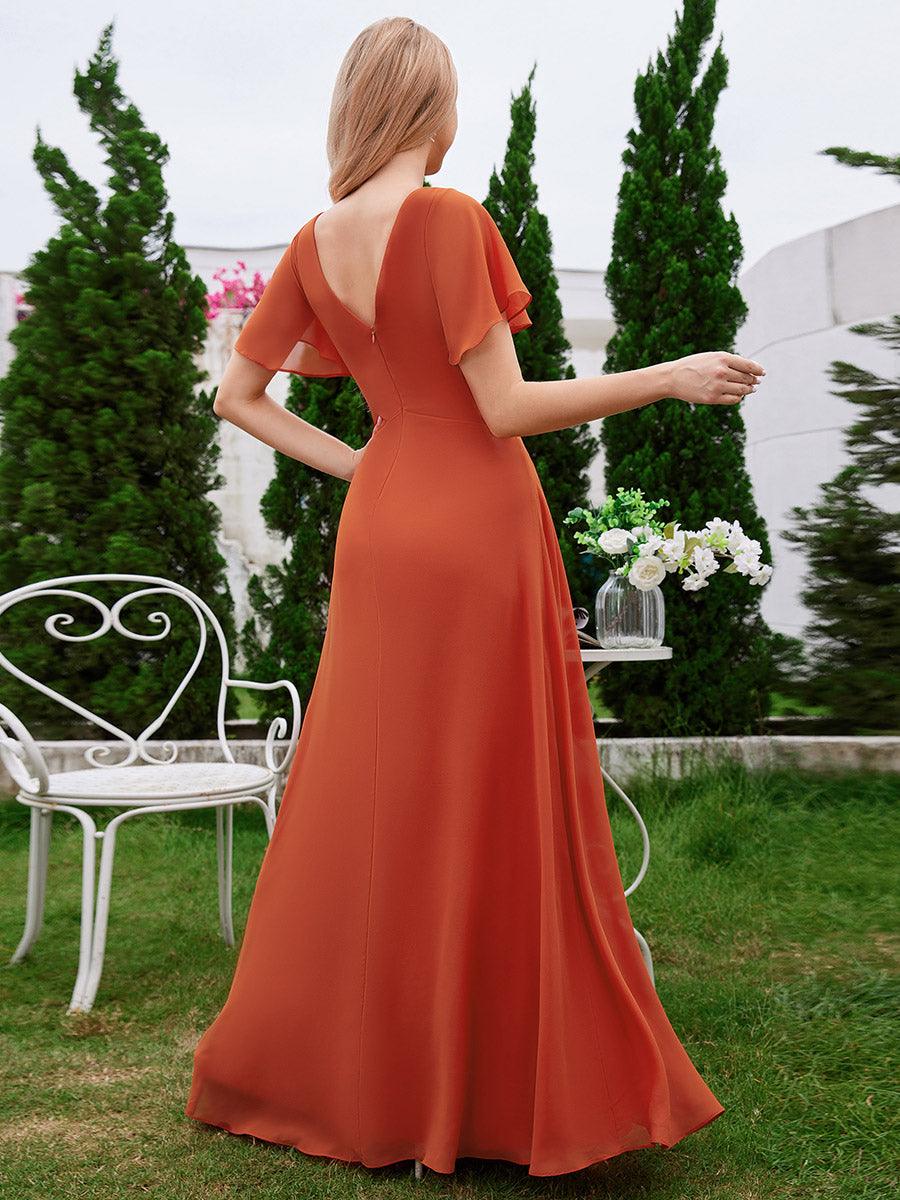 Robe de demoiselle d'honneur trapèze en mousseline à manches volantées avec plis à col en V #Couleur_Burnt Orange