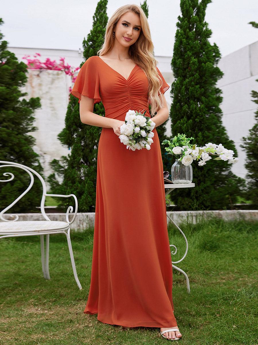 Robe de demoiselle d'honneur trapèze en mousseline à manches volantées avec plis à col en V #Couleur_Burnt Orange