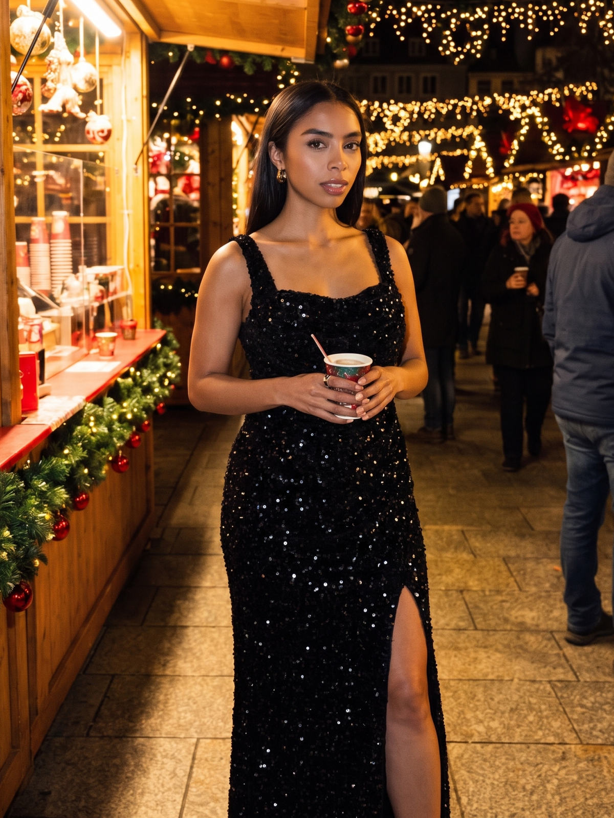 Robe maxi sans manches drapée en sequins avec décolleté carré et ourlet asymétrique #Couleur_Noir