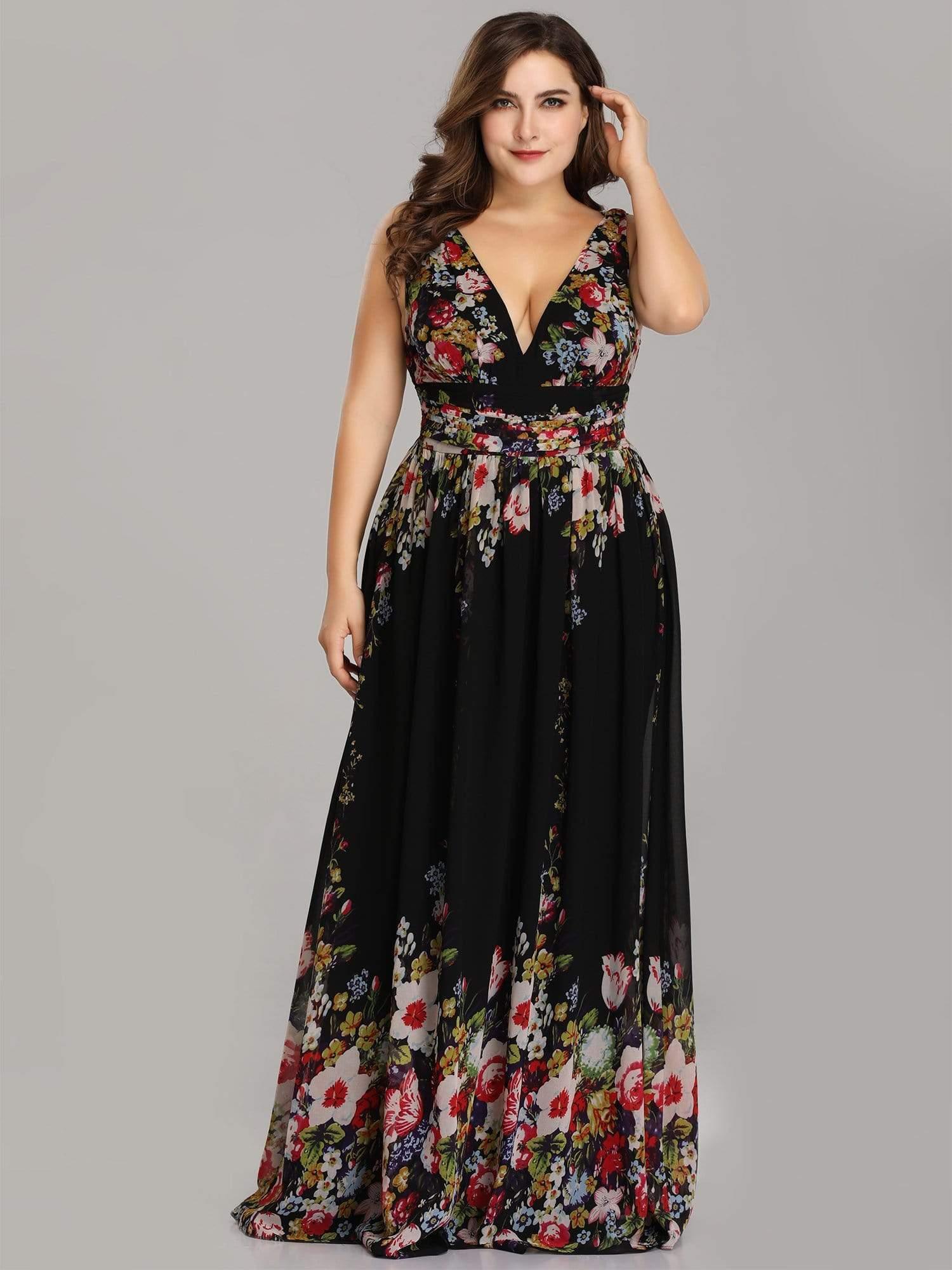 Robe de demoiselle d'honneur en mousseline de soie à col en V grande taille #Couleur_Noir Imprime
