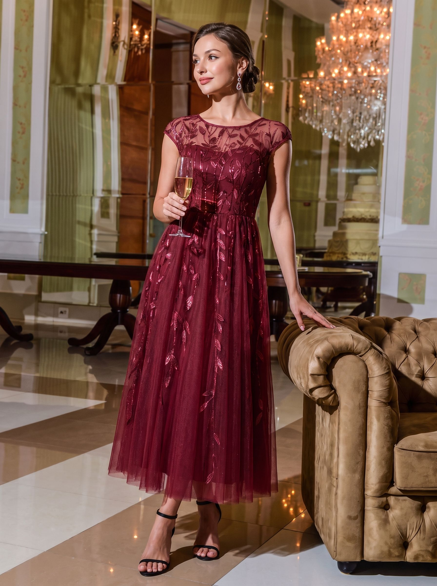 Robe midi évasée à manches courtes en patchwork transparent #Couleur_Bordeaux