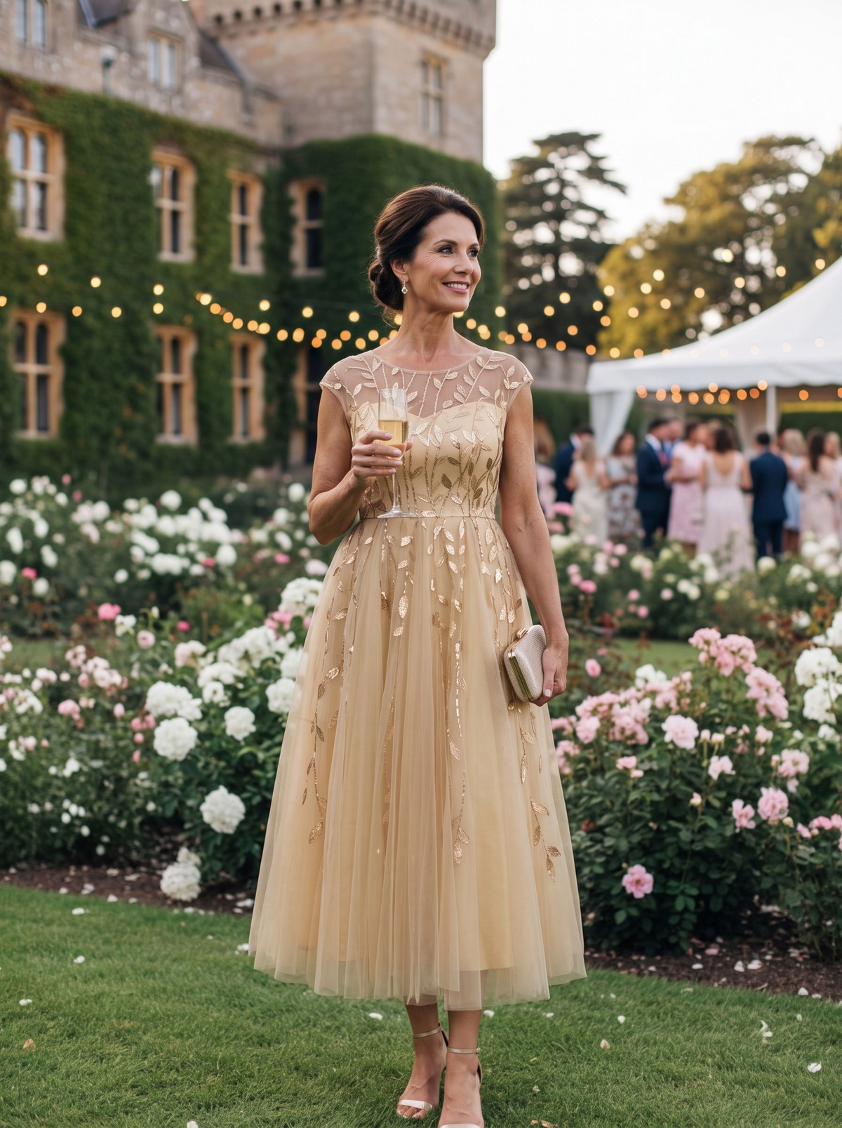 Robe midi évasée à manches courtes en patchwork transparent #Couleur_Dorée