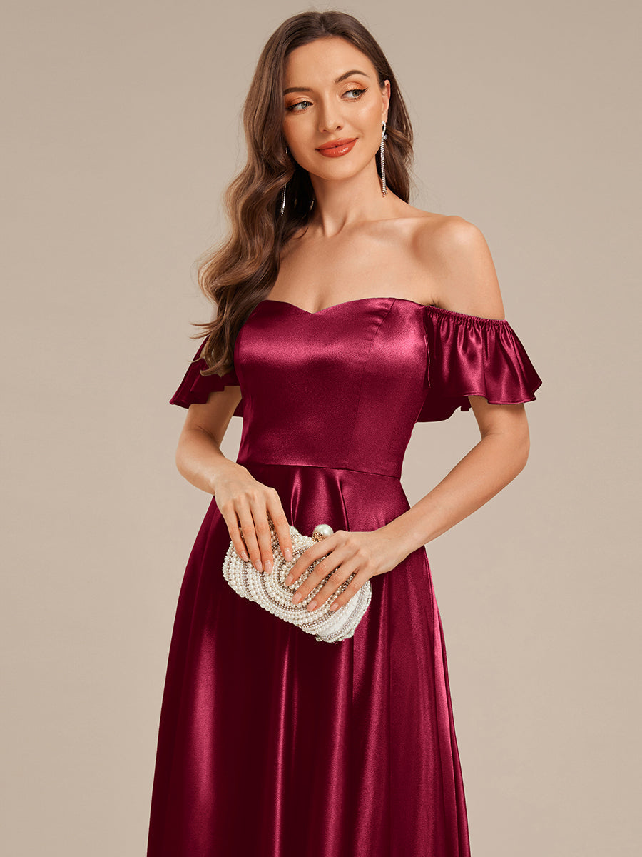 Robe d'invité de mariage trapèze en mousseline fluide à encolure ronde et longueur au genou #Couleur_Bordeaux