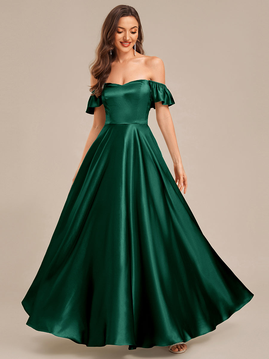 Robe d'invité de mariage trapèze en mousseline fluide à encolure ronde et longueur au genou #Couleur_Vert Fonce