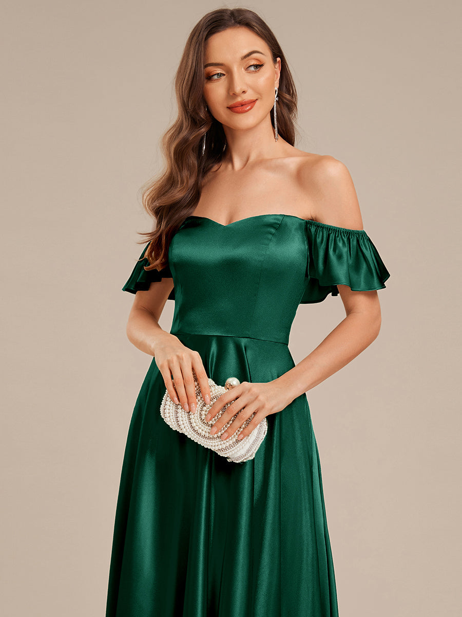 Robe d'invité de mariage trapèze en mousseline fluide à encolure ronde et longueur au genou #Couleur_Vert Fonce