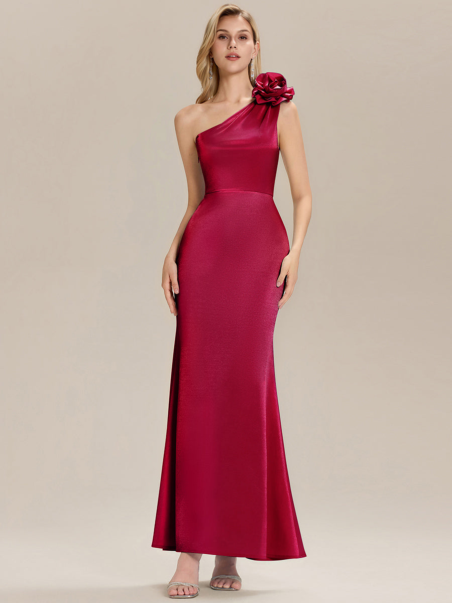 Robe de soirée chic à fleurs une épaule sans manches #Couleur_Bordeaux