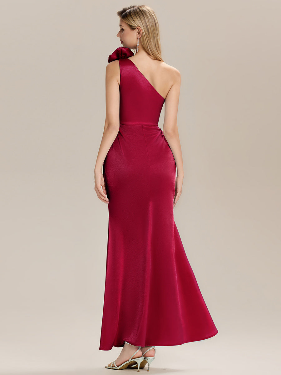Robe de soirée chic à fleurs une épaule sans manches #Couleur_Bordeaux