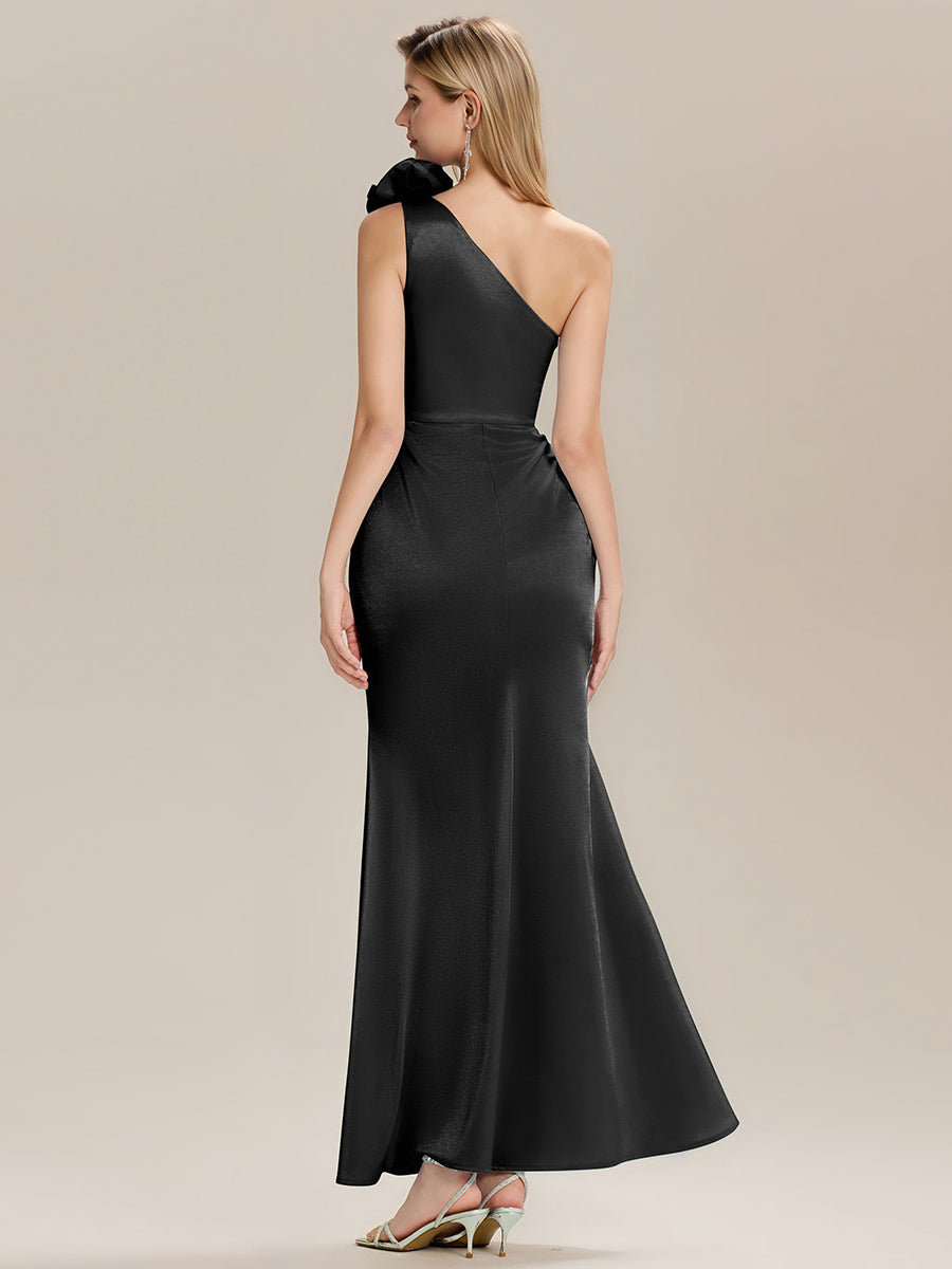 Robe de soirée chic à fleurs une épaule sans manches #Couleur_Noir