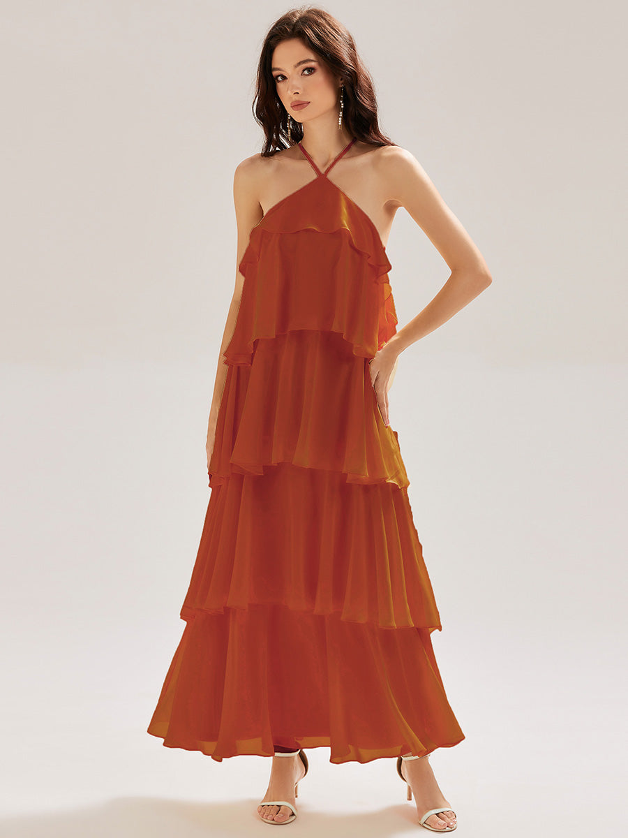 Robe de soirée longue dos nu sans manches à volants
