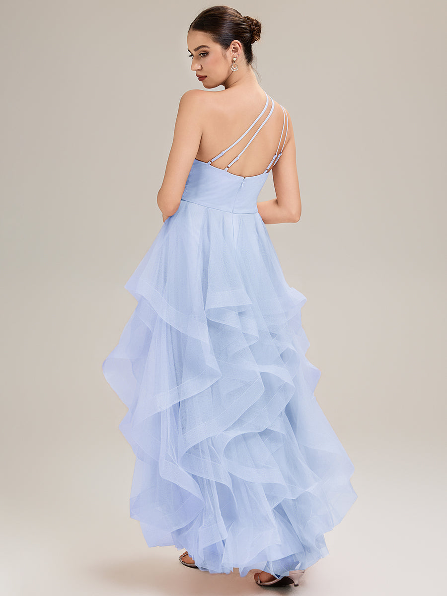 Robe de bal sans manches asymétrique plissée dos nu longueur sol avec bretelles spaghetti réglables #Couleur_Bleu Glace