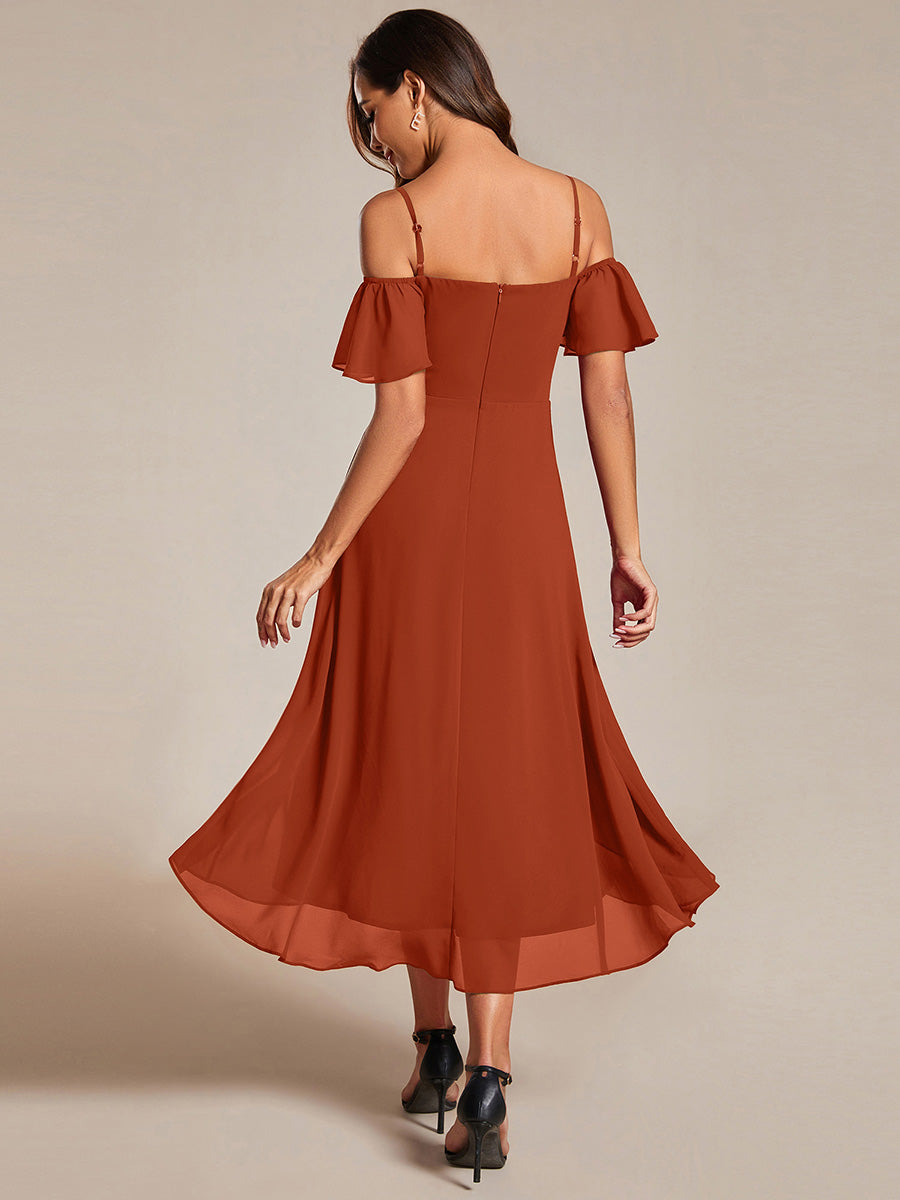 Robes d'invitées de mariage en mousseline  épaules dénudées  hautes et basses  manches courtes #Couleur_Burnt Orange