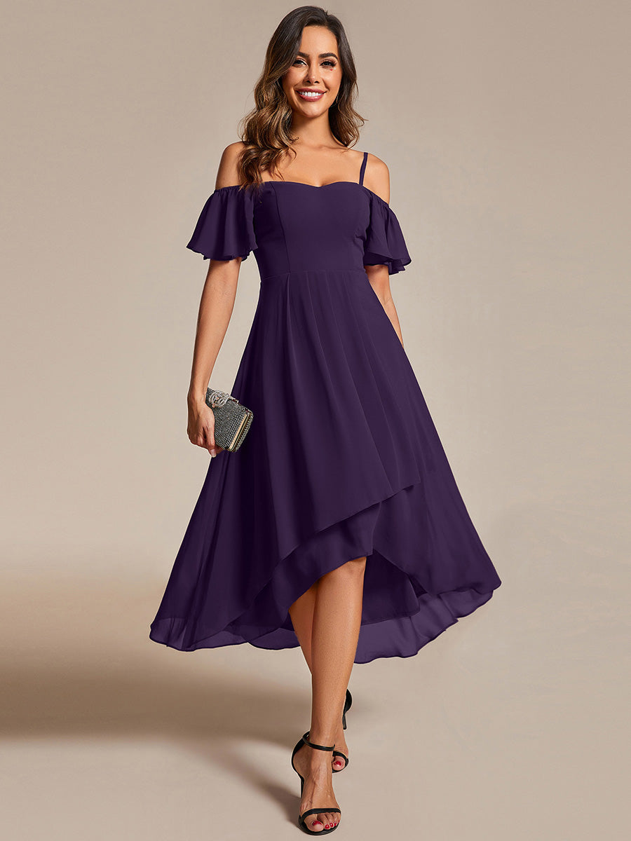 Robes d'invitées de mariage en mousseline  épaules dénudées  hautes et basses  manches courtes #Couleur_Violet Fonce