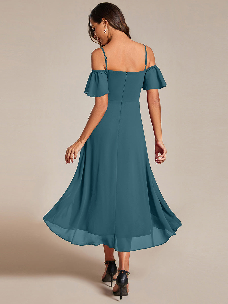 Robes d'invitées de mariage en mousseline  épaules dénudées  hautes et basses  manches courtes #Couleur_Bleu Sarcelle