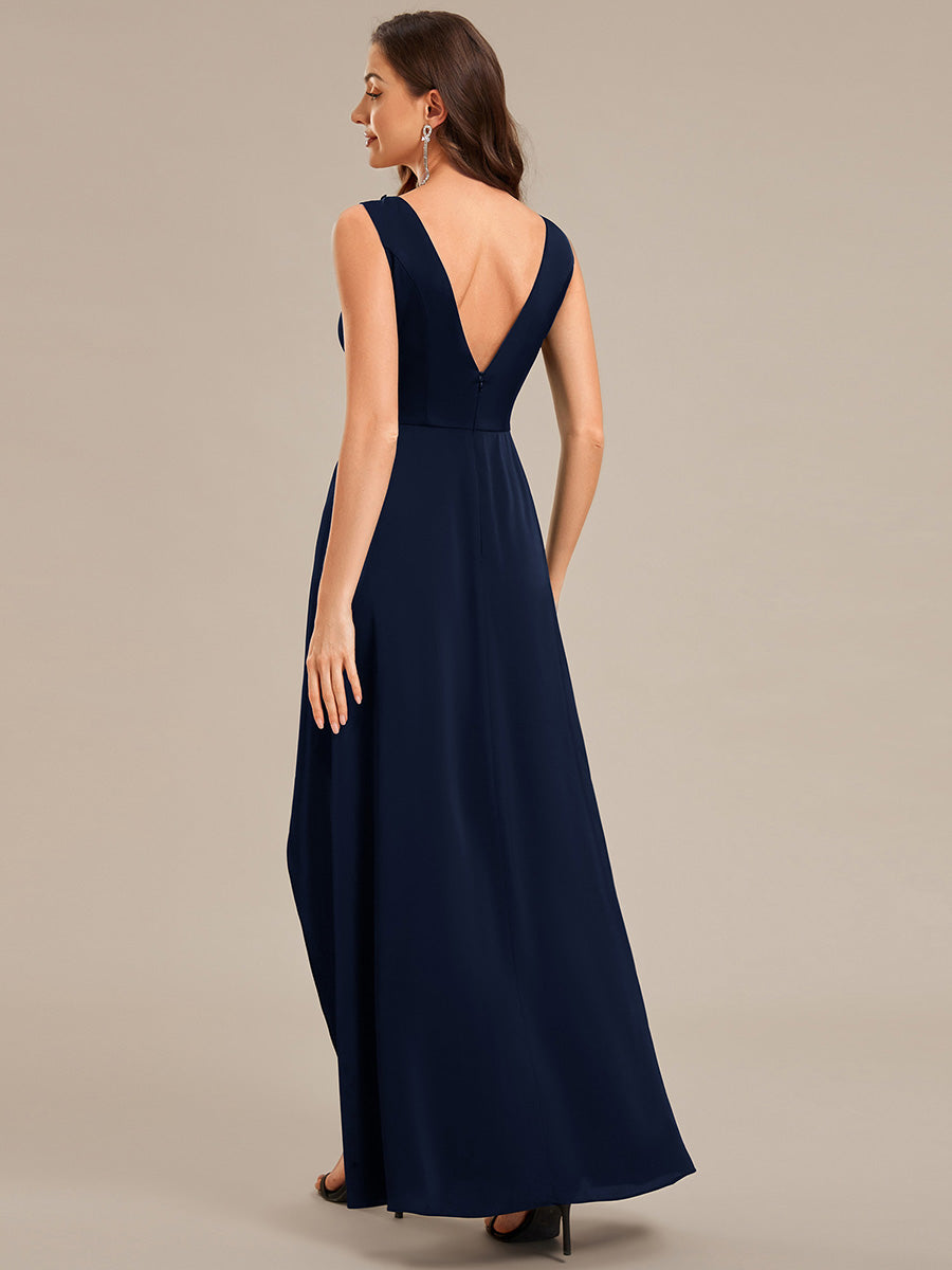 Robe d'invité de mariage trapèze en mousseline fluide à encolure ronde et longueur au genou #Couleur_Bleu Marine
