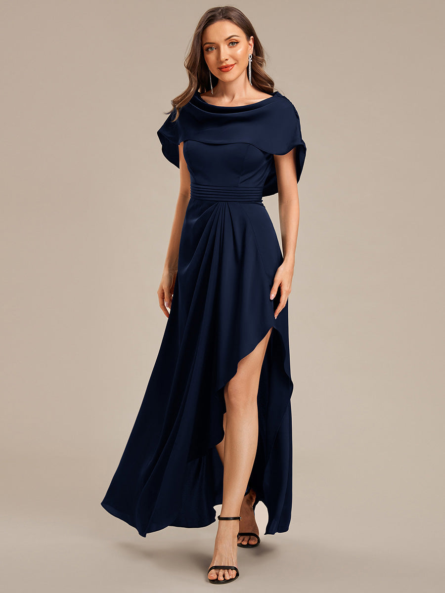 Robe d'invité de mariage trapèze en mousseline fluide à encolure ronde et longueur au genou #Couleur_Bleu Marine