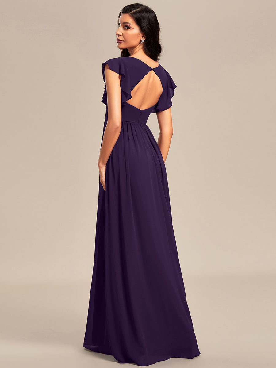 Robe D'invité De Mariage En Mousseline De Soie Mi-Longue Plissée à Manches à Volants Et Col En V  #Couleur_Violet Fonce