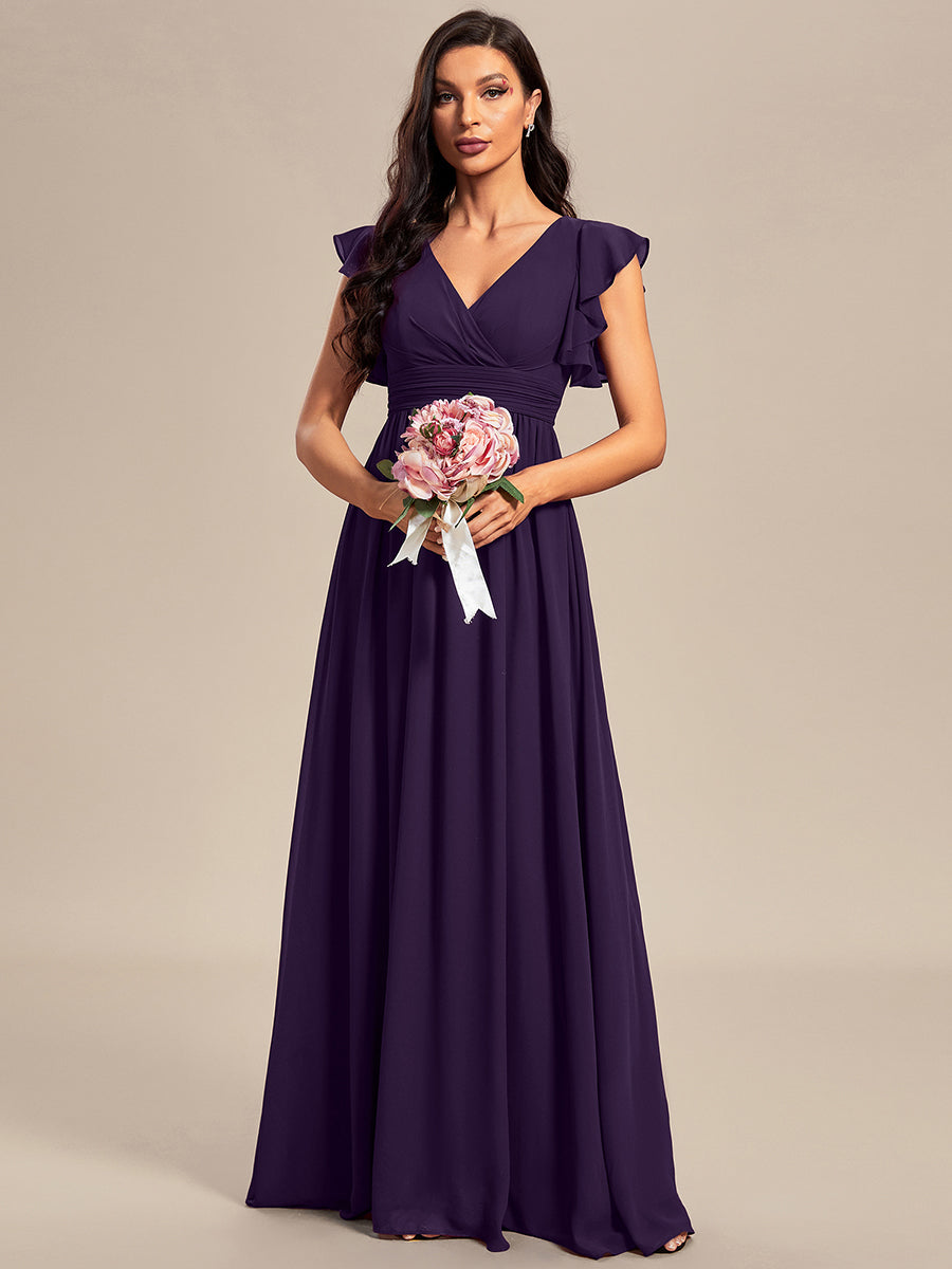 Robe D'invité De Mariage En Mousseline De Soie Mi-Longue Plissée à Manches à Volants Et Col En V  #Couleur_Violet Fonce