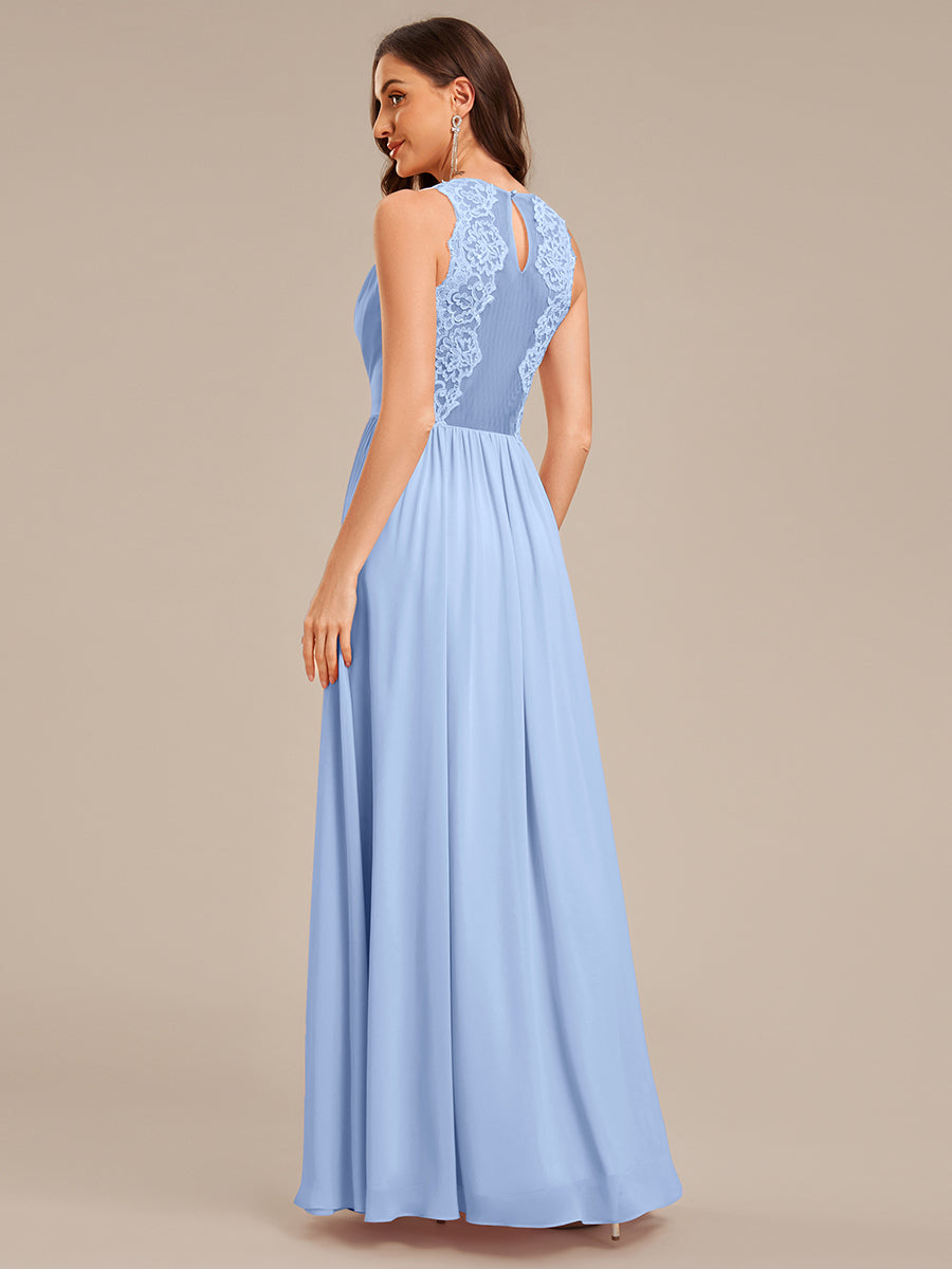 Robe d'invité de mariage trapèze en mousseline fluide à encolure ronde et longueur au genou #Couleur_Bleu Glace