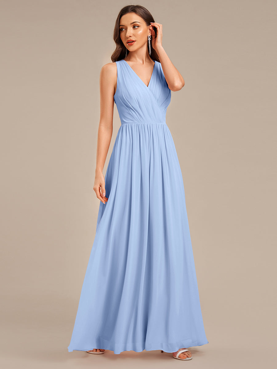 Robe d'invité de mariage trapèze en mousseline fluide à encolure ronde et longueur au genou #Couleur_Bleu Glace