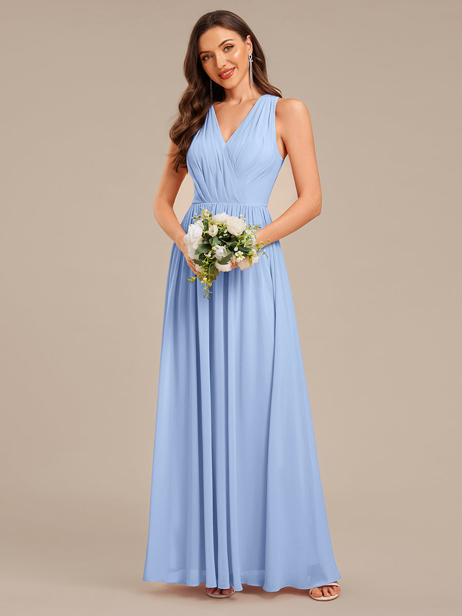 Robe d'invité de mariage trapèze en mousseline fluide à encolure ronde et longueur au genou #Couleur_Bleu Glace