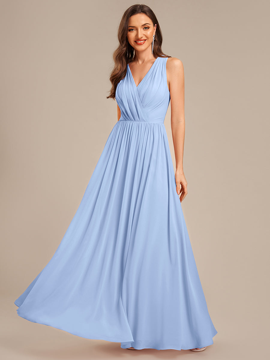 Robe d'invité de mariage trapèze en mousseline fluide à encolure ronde et longueur au genou #Couleur_Bleu Glace