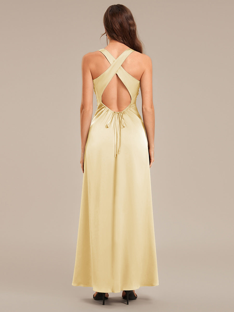 Robe de demoiselle d'honneur dos nu en satin sans manches #Couleur_Jaune