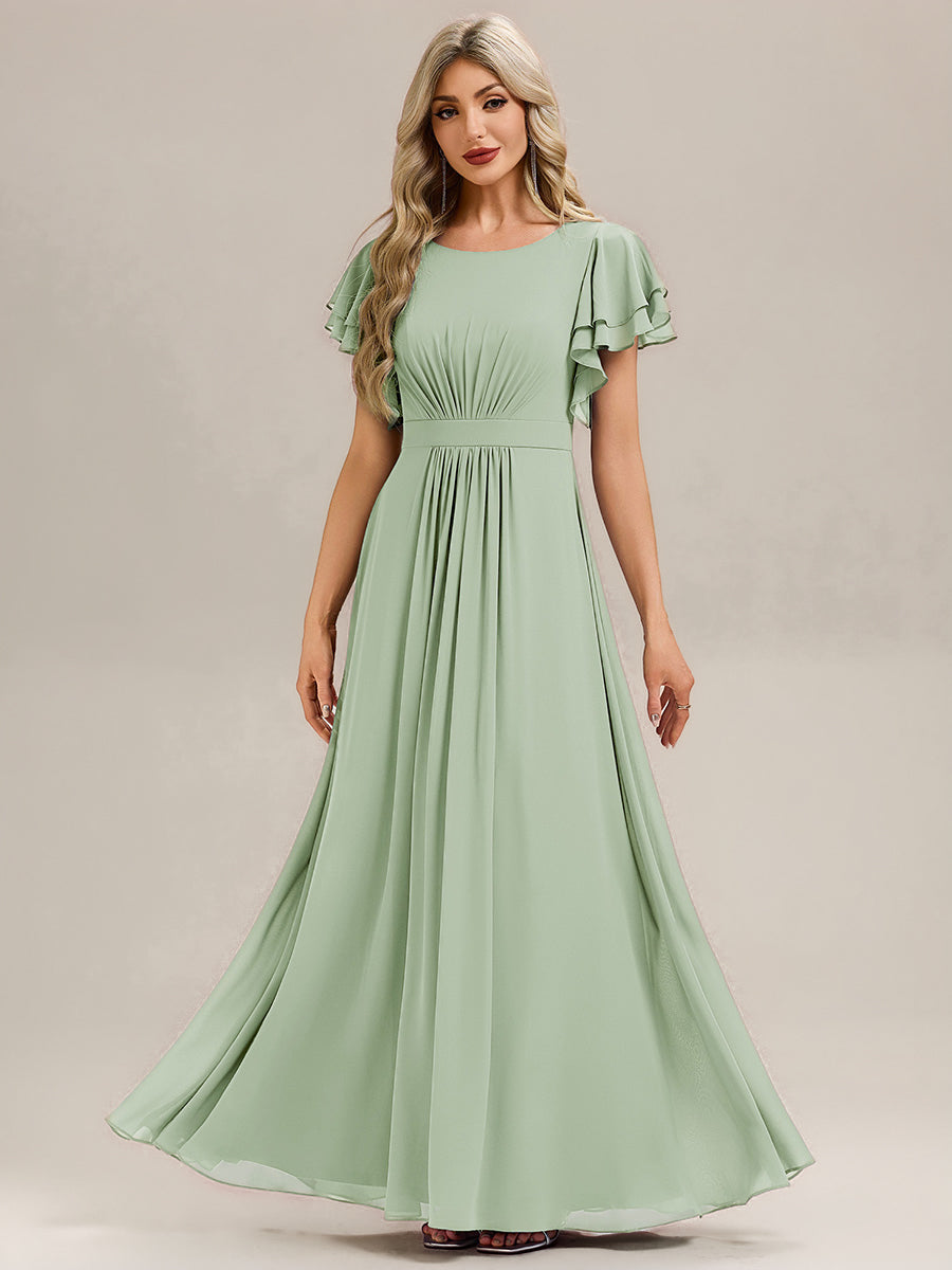 Robe longue à manches courtes avec volants en A et col rond fermeture éclair au dos Robe de demoiselle d'honneur #Couleur_Menthe Verte
