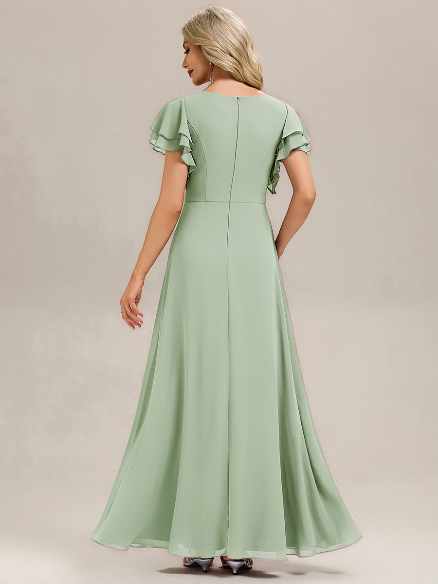 Robe longue à manches courtes avec volants en A et col rond fermeture éclair au dos Robe de demoiselle d'honneur #Couleur_Menthe Verte