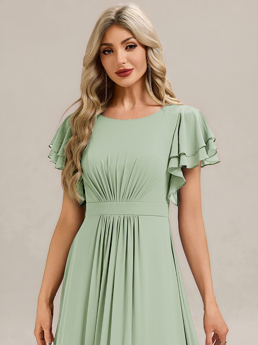 Robe longue à manches courtes avec volants en A et col rond fermeture éclair au dos Robe de demoiselle d'honneur #Couleur_Menthe Verte