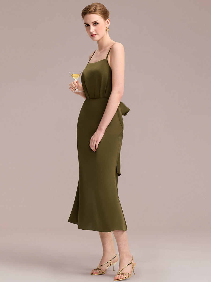 Robe D'invitée De Mariage Midi Olive À Fines Bretelles #Couleur_Vert Olive
