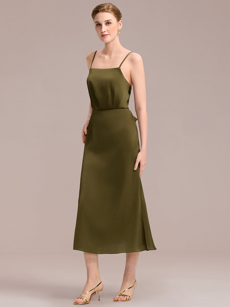 Robe D'invitée De Mariage Midi Olive À Fines Bretelles #Couleur_Vert Olive