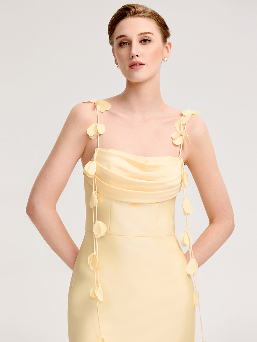 Robe d'invitée de mariage dos nu à bretelles fines et col drapé #Couleur_Jaune