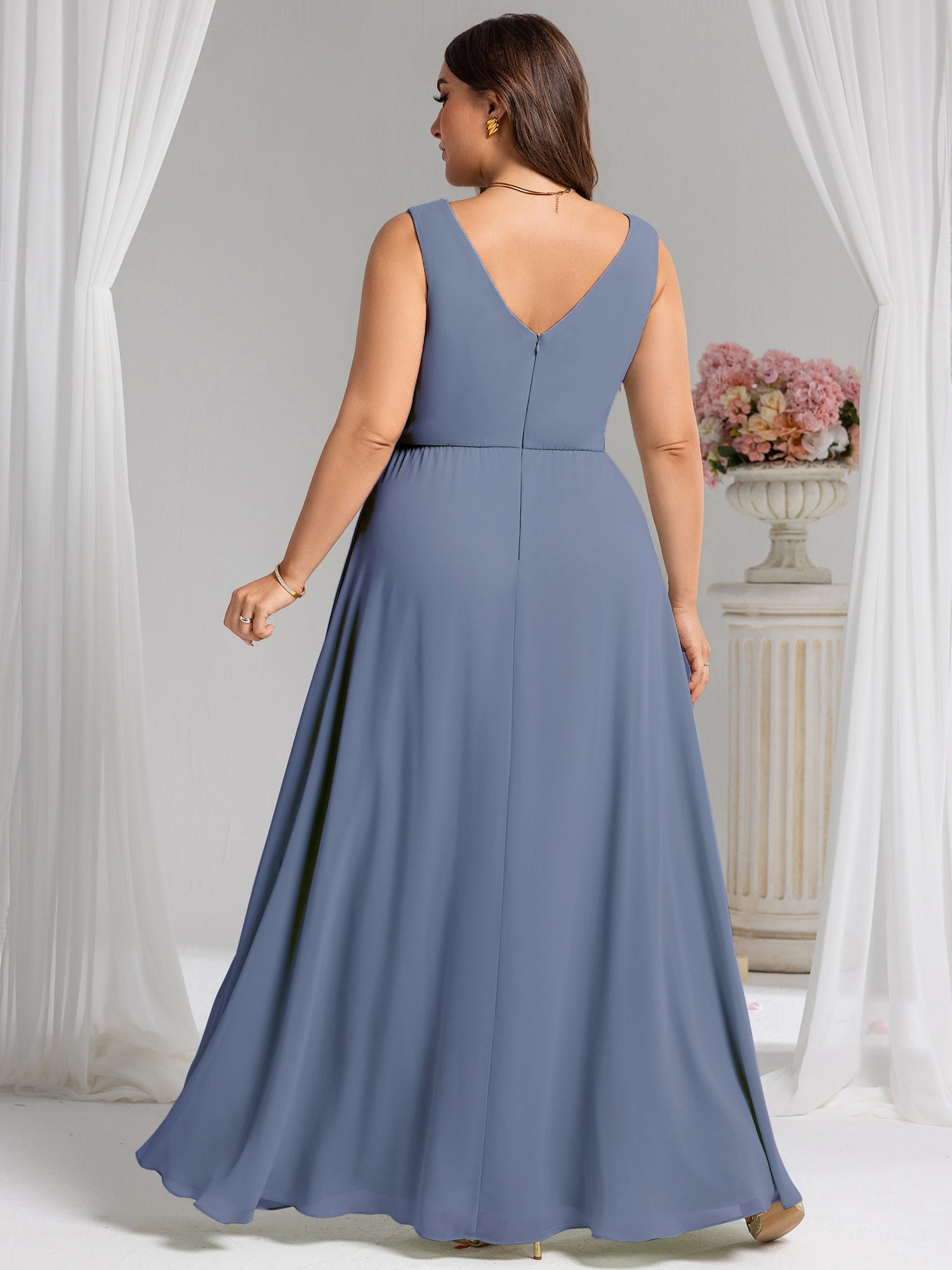 Robe de demoiselle d'honneur élégante avec fente latérale #Couleur_Marine Fume