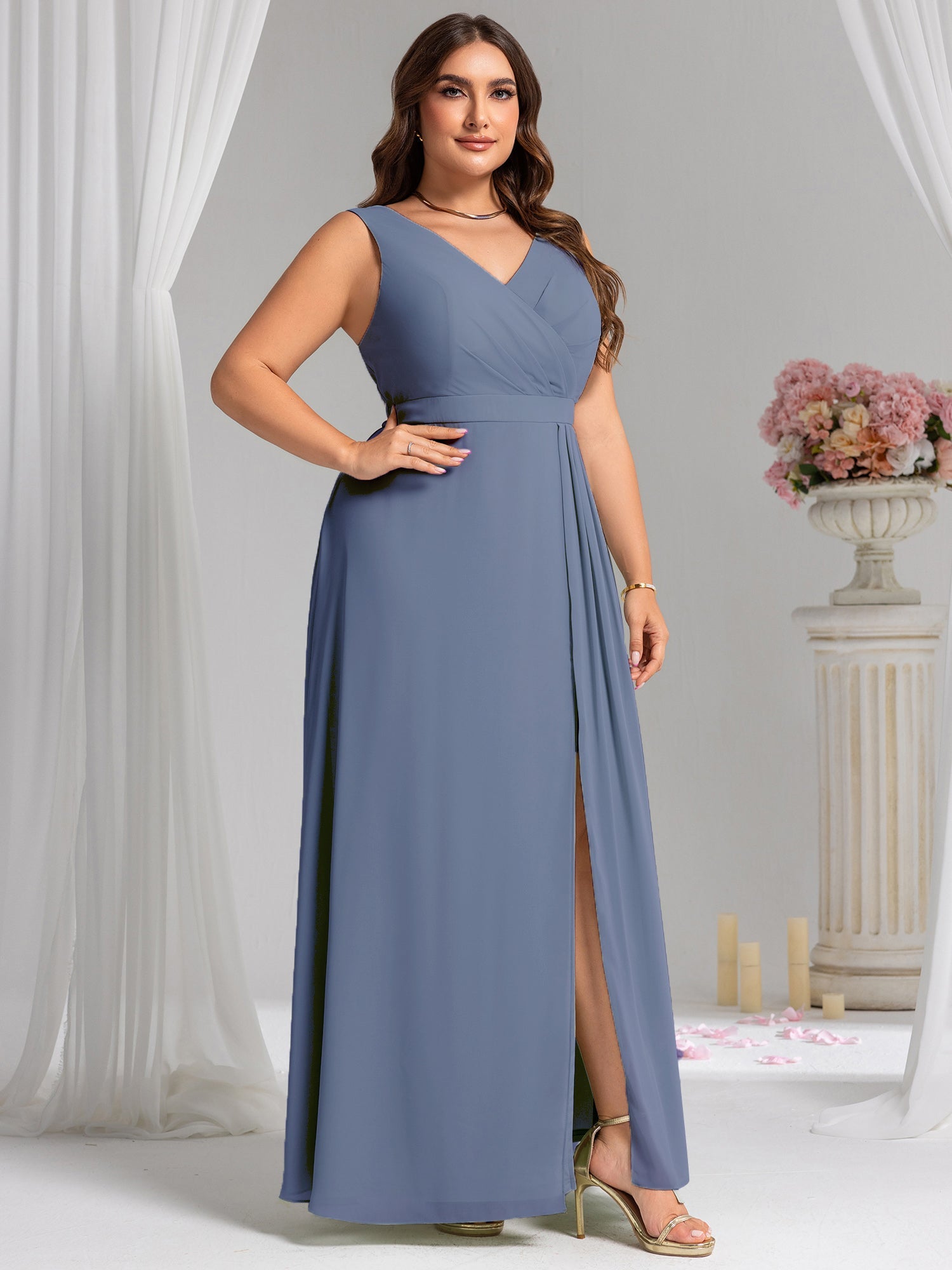 Robe de demoiselle d'honneur élégante avec fente latérale #Couleur_Marine Fume