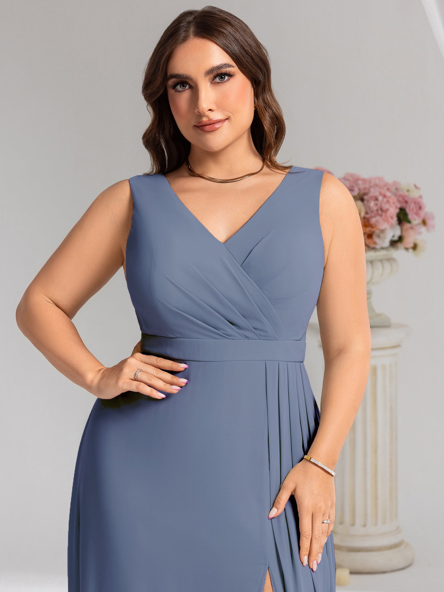 Robe de demoiselle d'honneur élégante avec fente latérale #Couleur_Marine Fume