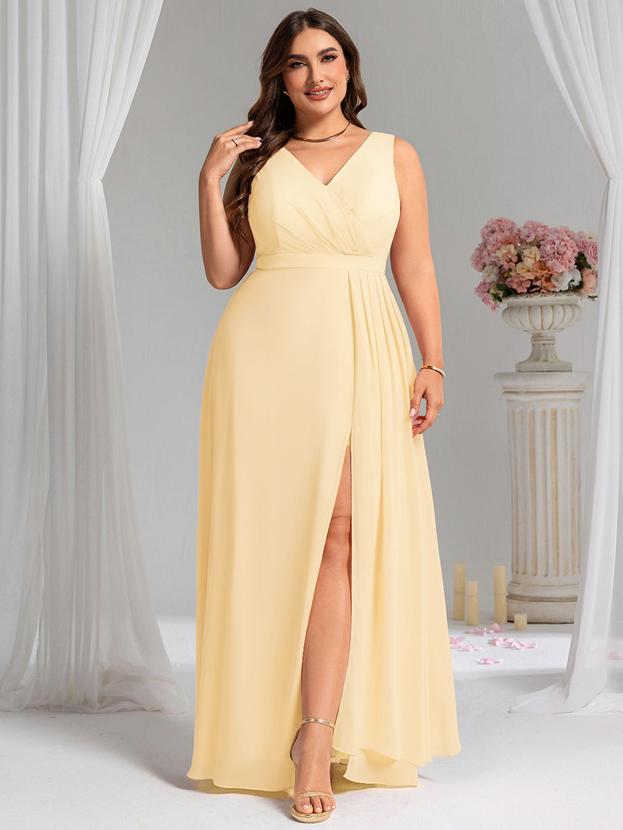Robe de demoiselle d'honneur élégante avec fente latérale #Couleur_Jaune