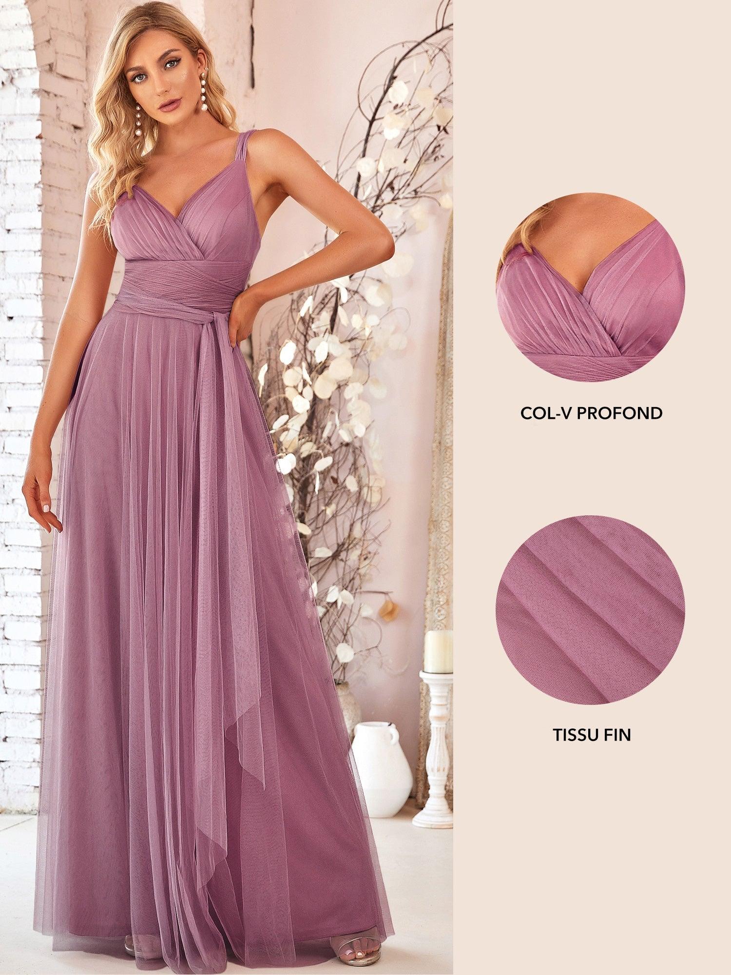 Robes De Demoiselle D'Honneur Maxi En Tulle à Col En V #Couleur_Orchidee