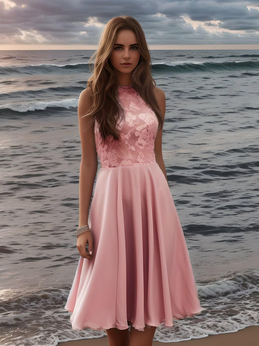 Robe courte en mousseline à encolure Licou dos nu en dentelle #Couleur_Rose