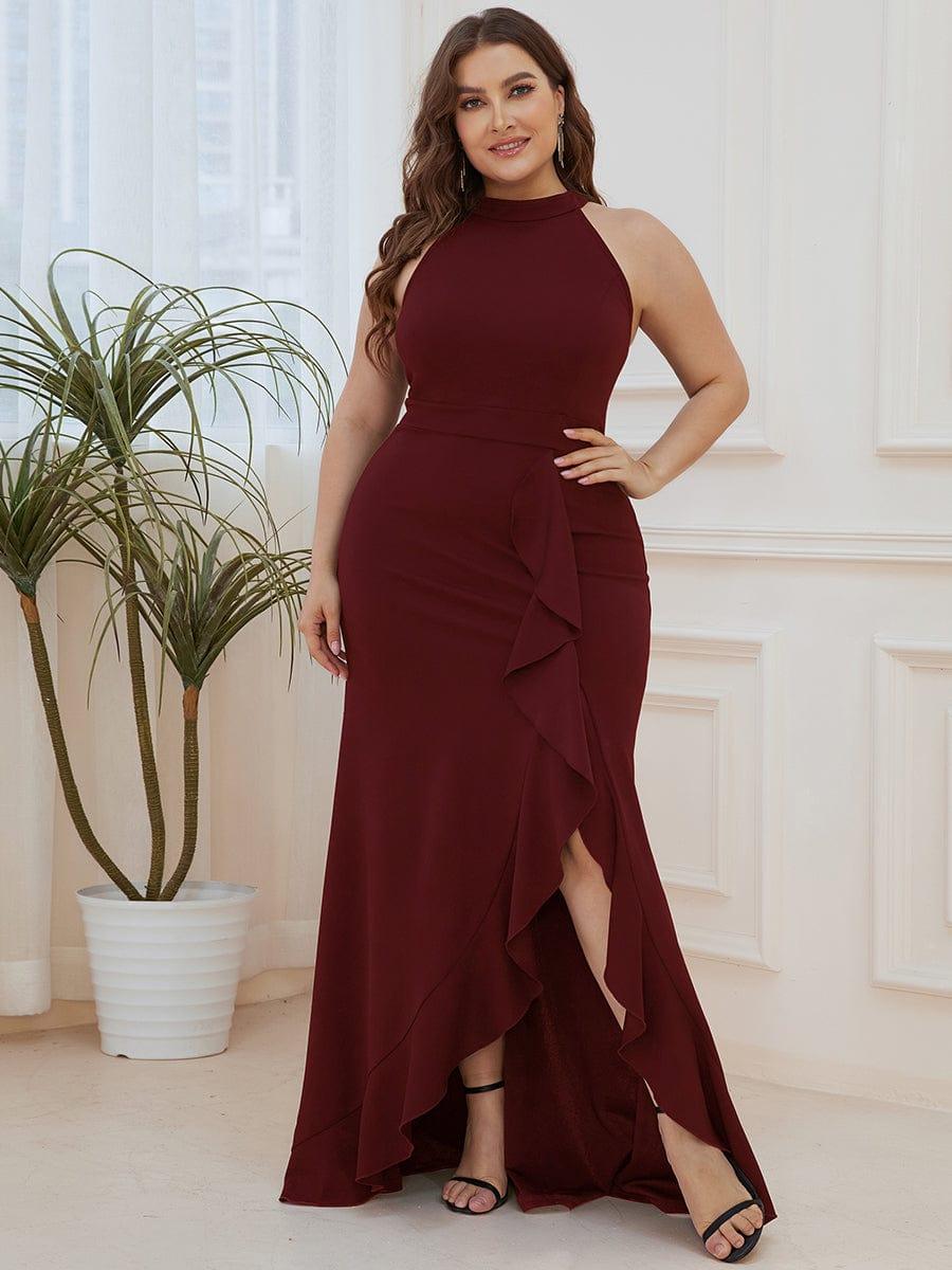 Robe à col licou ourlet à volants et fendue sur le devant #Couleur_Bordeaux