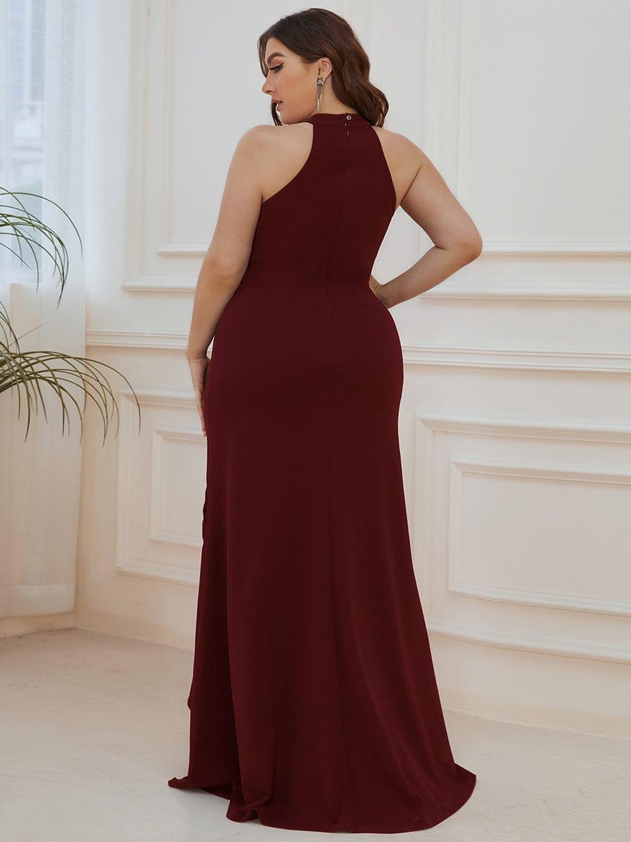 Robe à col licou ourlet à volants et fendue sur le devant #Couleur_Bordeaux