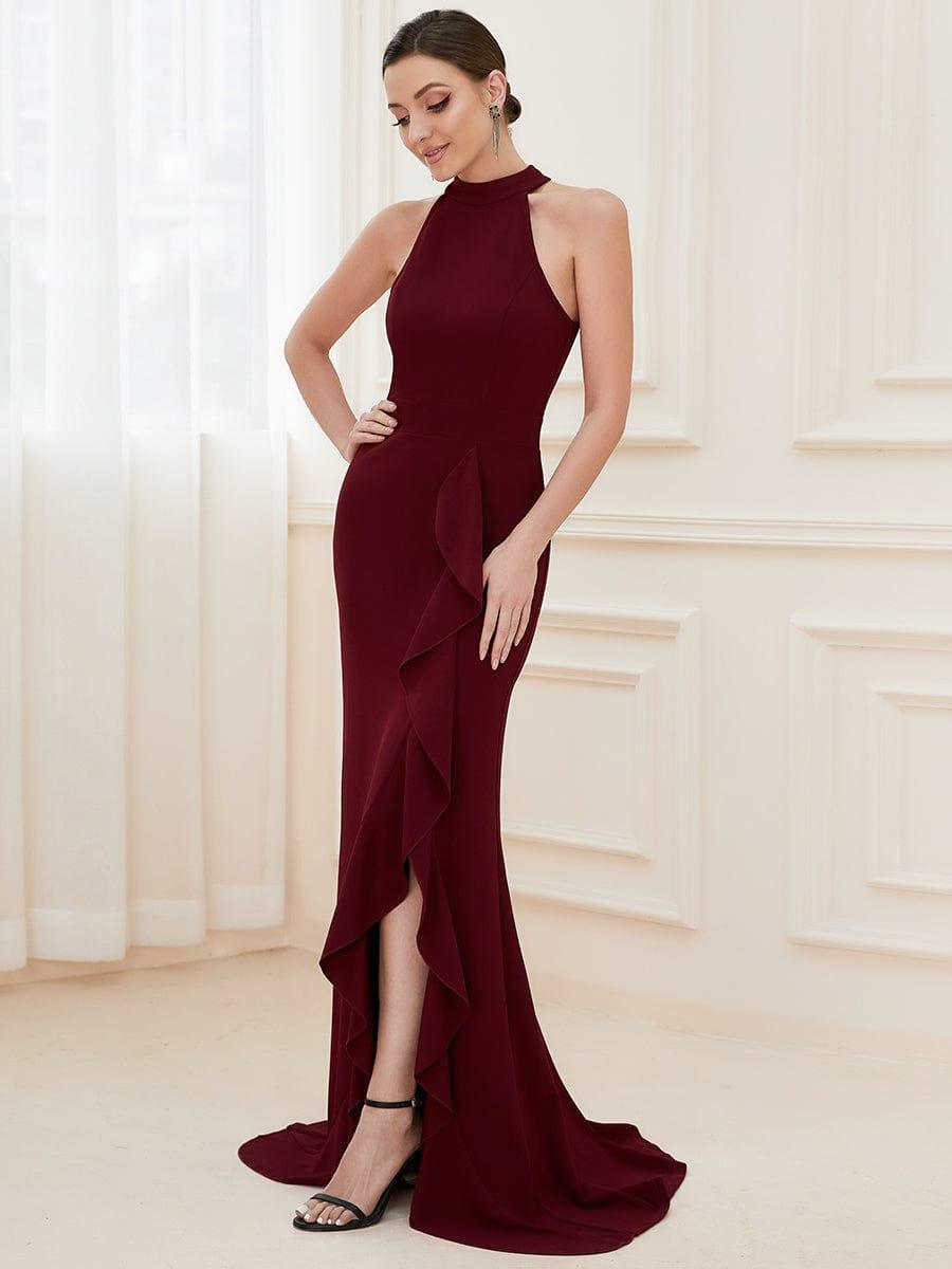 Robe à col licou ourlet à volants et fendue sur le devant #Couleur_Bordeaux
