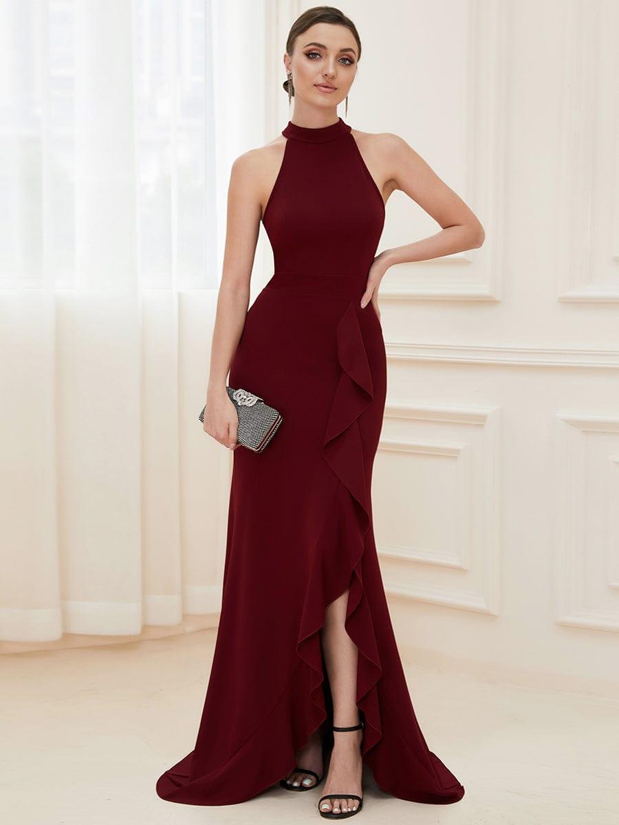 Robe à col licou ourlet à volants et fendue sur le devant #Couleur_Bordeaux