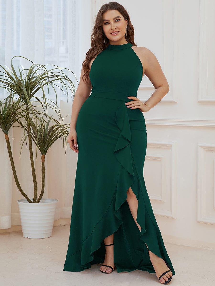 Robe à col licou ourlet à volants et fendue sur le devant #Couleur_Vert Fonce