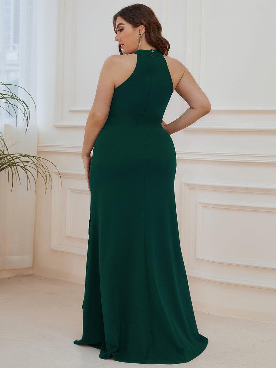 Robe à col licou ourlet à volants et fendue sur le devant #Couleur_Vert Fonce